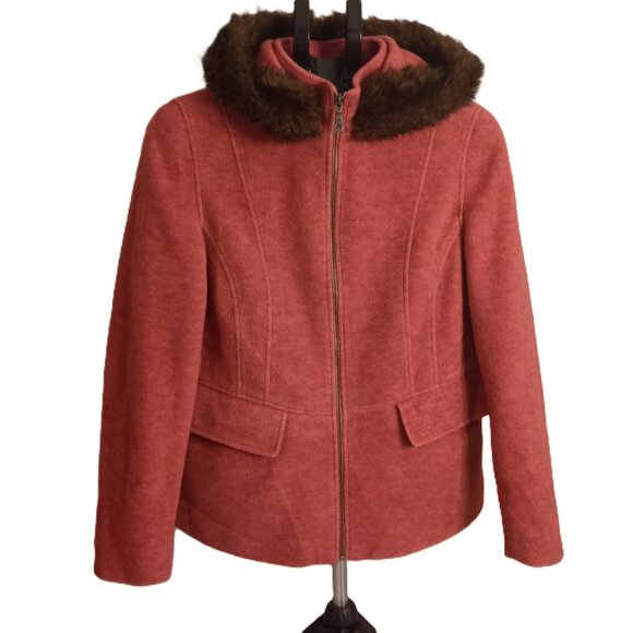 L.L. Bean Wool Blend Fleece Walking Coat Rose Pink Fur Hood Women’s Petite M - Picture 1 of 15